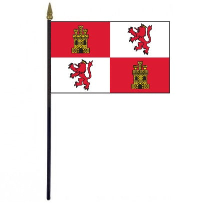 Royal Standard of Spain Stick Flag, 4 x 6, featuring lions and a castle, mounted on a 10.5 plastic stick with a gold spear finial.