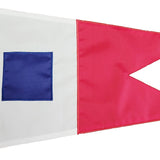 Custom SEWN Applique BURGEE featuring a red and white flag with a blue square, showcasing detailed, hand-sewn design on durable nylon fabric.