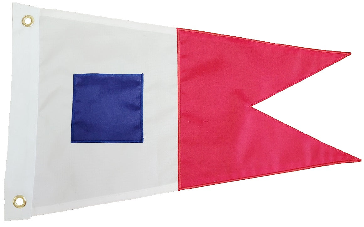 Custom SEWN Applique BURGEE featuring a red and white flag with a blue square, showcasing detailed, hand-sewn design on durable nylon fabric.