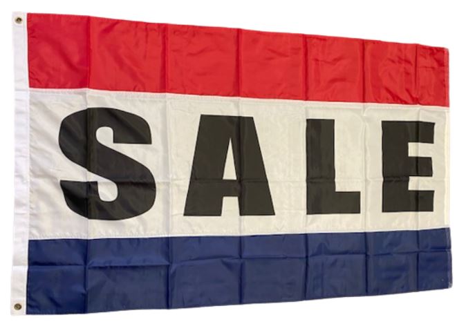 SALE-NOW RENTING-CAR WASH-MOBILE HOME-MODEL Flags 3' x 5' Nylon Printed; flag displays bold black letters on a red, white, and blue background with brass grommets.