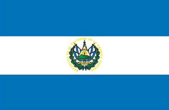 El Salvador Flag Printed Nylon 2' x 3' with green emblem, strong canvas header, brass grommets, and UV-resistant nylon for indoor or outdoor use.