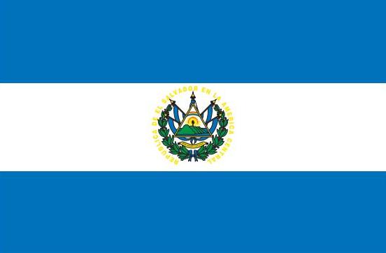 El Salvador Flag Printed Nylon 2' x 3' with green emblem, strong canvas header, brass grommets, and UV-resistant nylon for indoor or outdoor use.