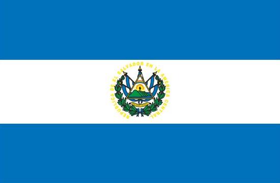 El Salvador Flag Printed Nylon 3' x 5' featuring a green emblem on a blue and white background with brass grommets for outdoor use.