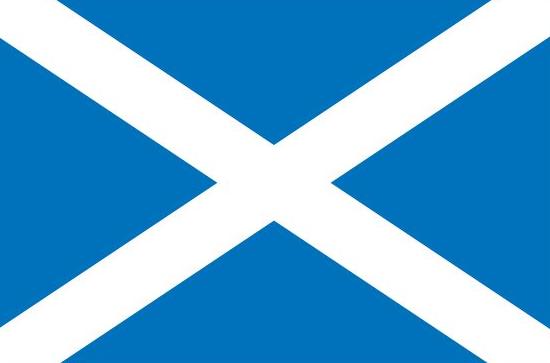 Scotland St. Andrews Flag, 2' x 3' printed nylon, features blue and white design, strong canvas header, and brass grommets, ideal for indoor or outdoor use.