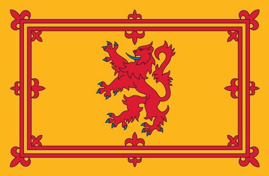 Scotland Rampant Lion Flag Printed Nylon 3' x 5', featuring a red lion design with blue claws, yellow border, and strong canvas header with brass grommets.