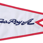 Custom SEWN Applique BURGEE with double-layered nylon, strong header, and brass grommets, featuring a personalized hand-sewn design on a white and red flag.