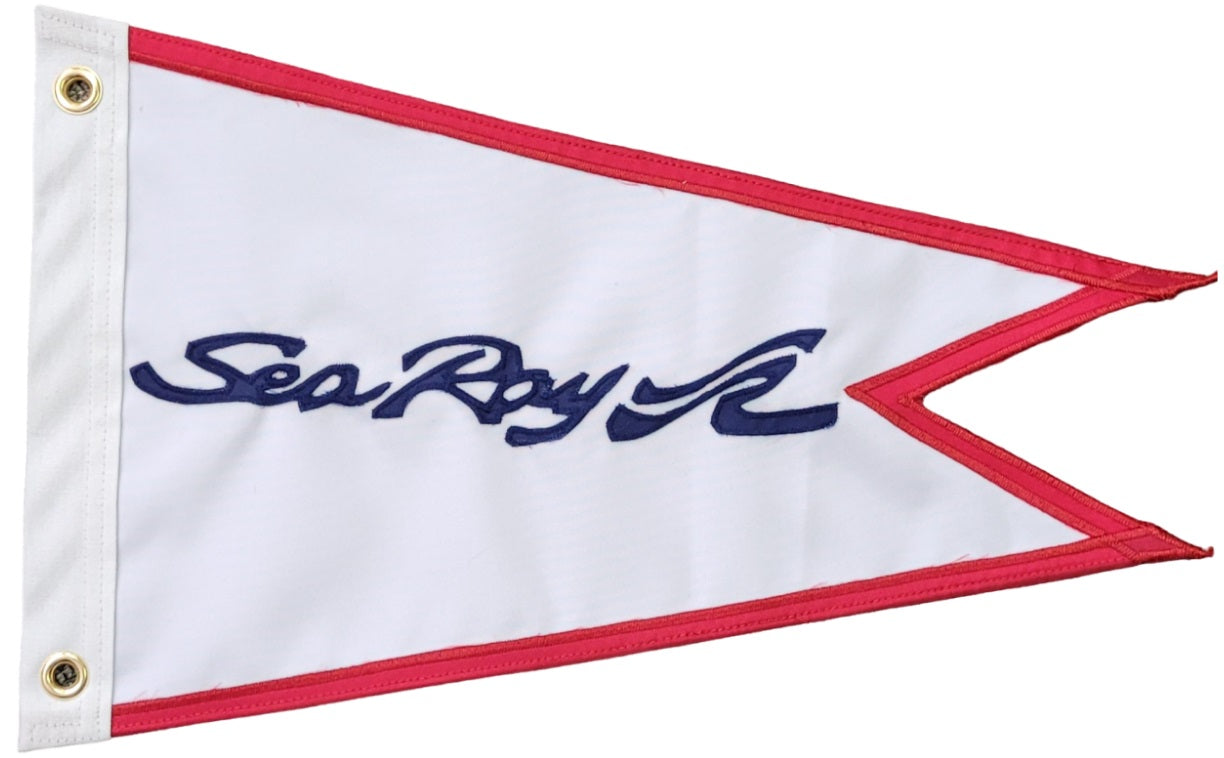 Custom SEWN Applique BURGEE with double-layered nylon, strong header, and brass grommets, featuring a personalized hand-sewn design on a white and red flag.