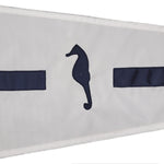 Custom SEWN Applique BURGEE showing a white pennant with a seahorse design, made from double-layered nylon with brass grommets.