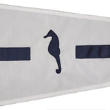 Custom SEWN Applique BURGEE showing a white pennant with a seahorse design, made from double-layered nylon with brass grommets.