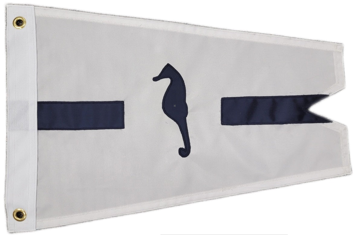 Custom SEWN Applique BURGEE showing a white pennant with a seahorse design, made from double-layered nylon with brass grommets.