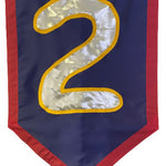 Custom SEWN Applique FLAG featuring a bold number two emblem on a blue and red banner, crafted from durable, UV-resistant nylon for personalized designs.