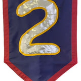 Custom SEWN Applique FLAG featuring a bold number two emblem on a blue and red banner, crafted from durable, UV-resistant nylon for personalized designs.