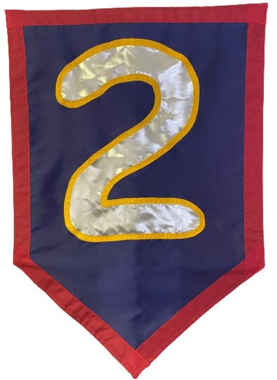 Custom SEWN Applique FLAG featuring a bold number two emblem on a blue and red banner, crafted from durable, UV-resistant nylon for personalized designs.