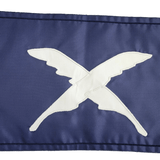 Custom SEWN Applique FLAG featuring a blue background with a white stitched X, crafted from double-layered, UV-resistant nylon, with strong header and brass grommets.