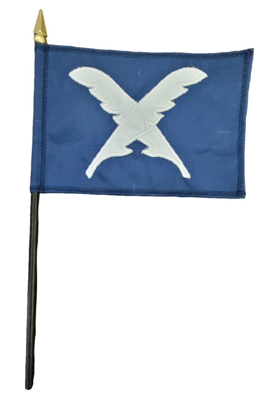 Secretary Yacht Club Officer 4 x 6 Sewn Applique Stick Table Flag with a white X and wings on blue, mounted on a black plastic staff with gold top.