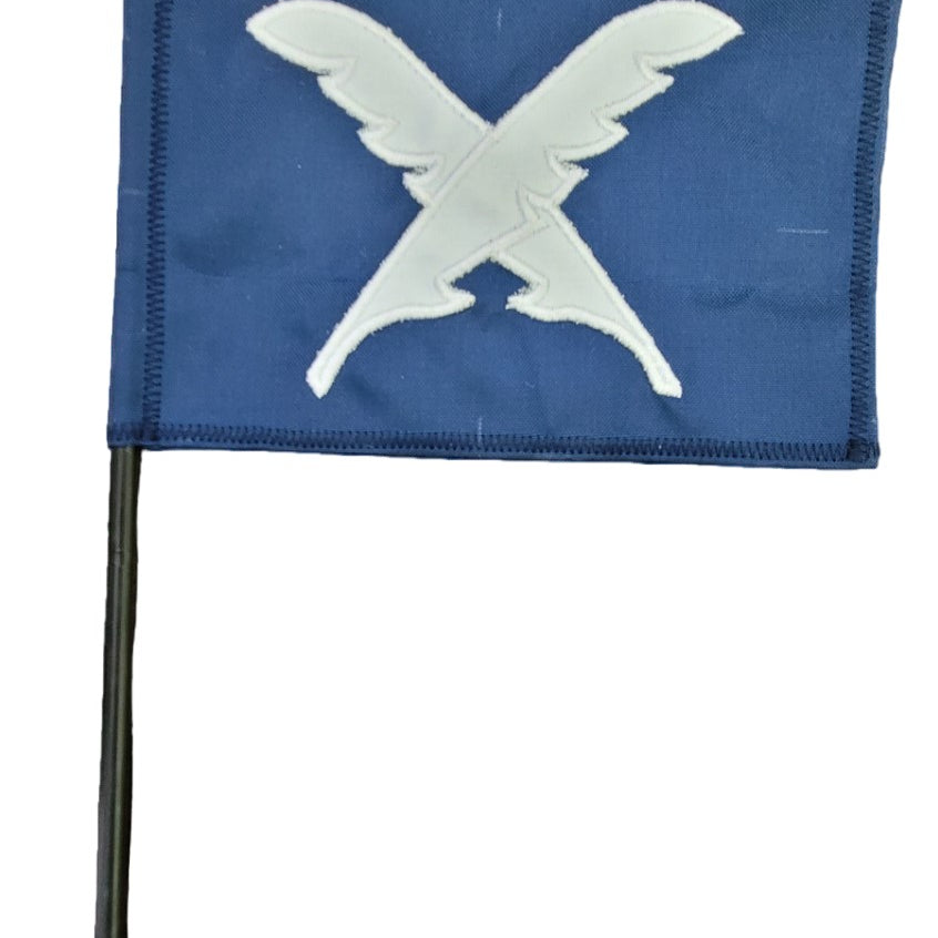 Secretary Yacht Club Officer 4 x 6 Sewn Applique Stick Table Flag with a white X and wings on blue, mounted on a black plastic staff with gold top.