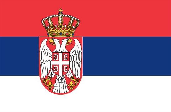 Serbia Flag Printed Nylon 3' x 5' featuring a crown, coat of arms, and white eagle on red background, with strong canvas header and brass grommets.