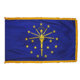 Indiana State Flag 3' x 5' INDOOR Printed Nylon with golden yellow fringe, featuring a torch and stars emblem.