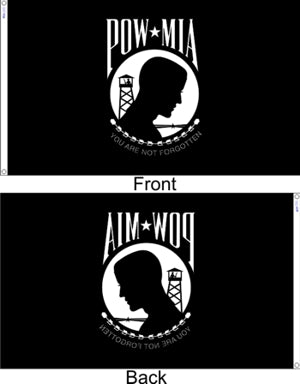 US Military POW/MIA Flag featuring a black and white soldier's silhouette, 3' x 5' single-sided, heavyweight nylon with solid brass grommets.