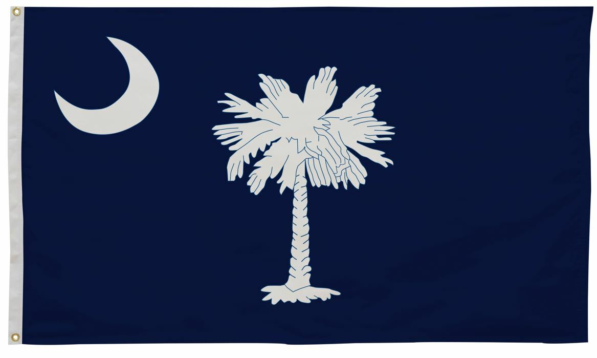 South Carolina State Flag 4' x 6' Printed Nylon, featuring a crescent moon and palm tree design, with brass grommets for outdoor use.