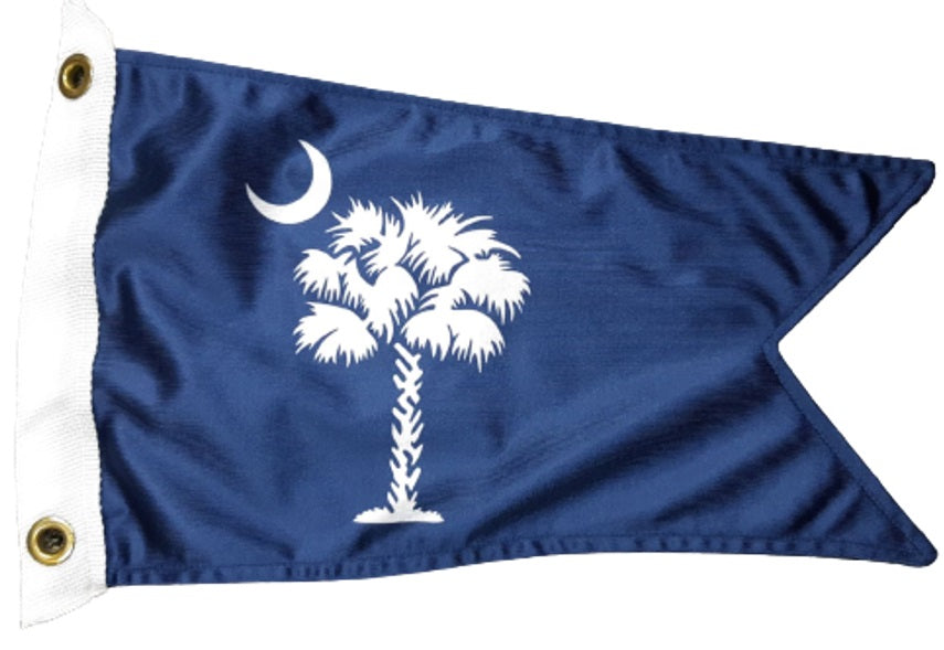 Custom PRINTED Nylon BURGEE featuring a white palm tree and crescent moon on a blue background, with a swallow tail and brass grommets.