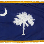 South Carolina State Flag 4' x 6' INDOOR Printed Nylon featuring a white palm tree and crescent moon on a blue background, with golden yellow fringe.