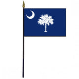 South Carolina Stick Flag - 4 x 6 Desktop Flag featuring a white palm tree and crescent moon on a blue background, mounted on a 10.5 plastic stick.