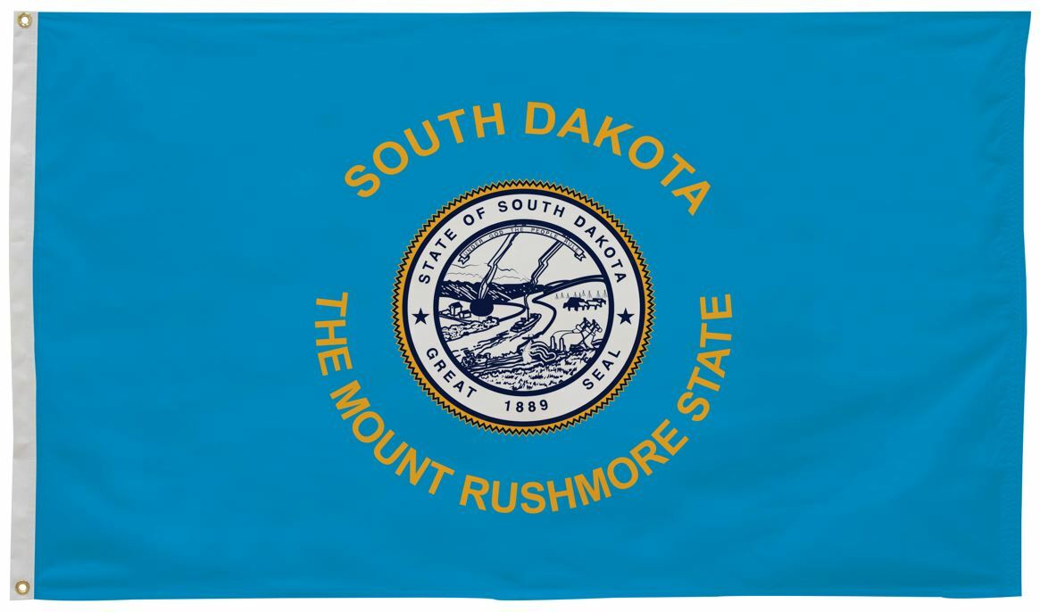 South Dakota State Flag 12 x 18 Printed Nylon with yellow text, blue background, and official state emblem. Features brass grommets for outdoor use.