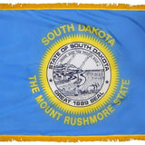 South Dakota State Flag 3' x 5' INDOOR Printed Nylon with yellow fringe, featuring a blue field and state emblem.