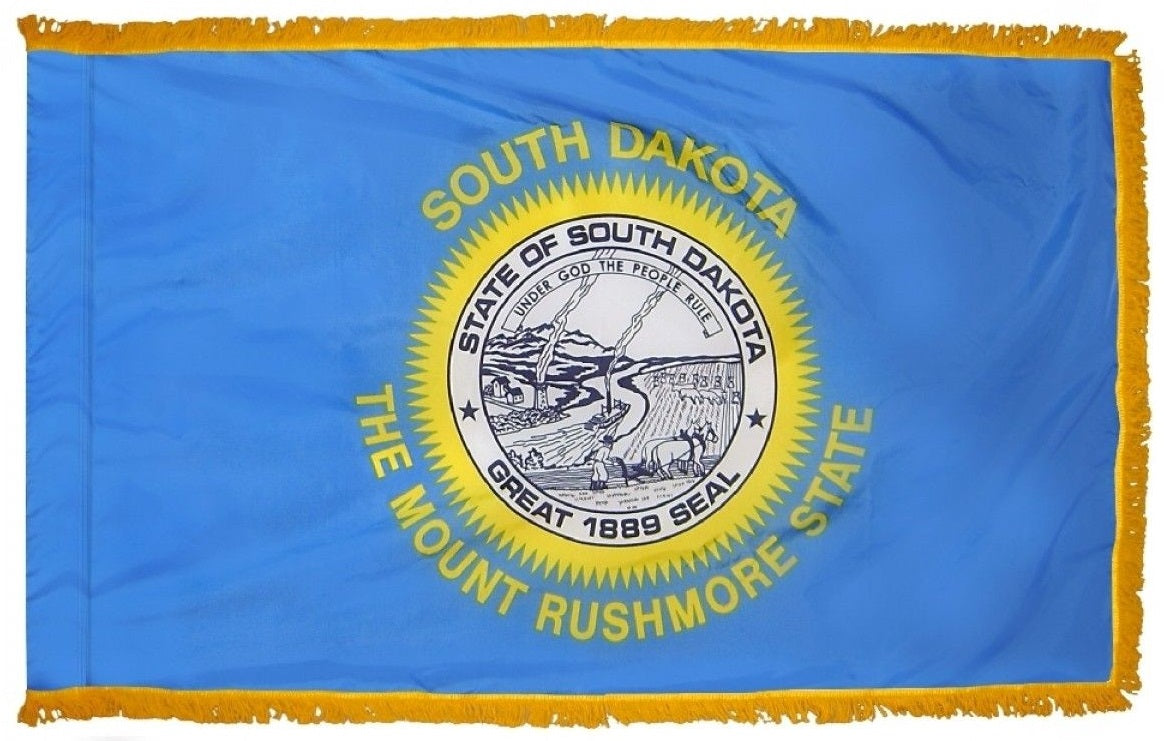 South Dakota State Flag 3' x 5' INDOOR Printed Nylon with yellow fringe, featuring a blue field and state emblem.