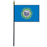 South Dakota Stick Flag - 4 x 6 Desktop Flag on a plastic stick with a gold spear finial, featuring a blue background with a central emblem.