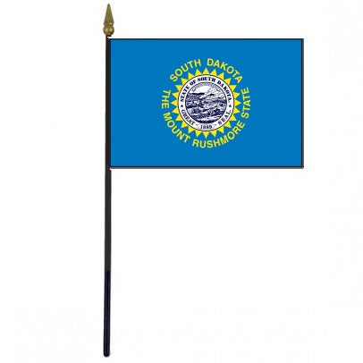 South Dakota Stick Flag - 4 x 6 Desktop Flag on a plastic stick with a gold spear finial, featuring a blue background with a central emblem.