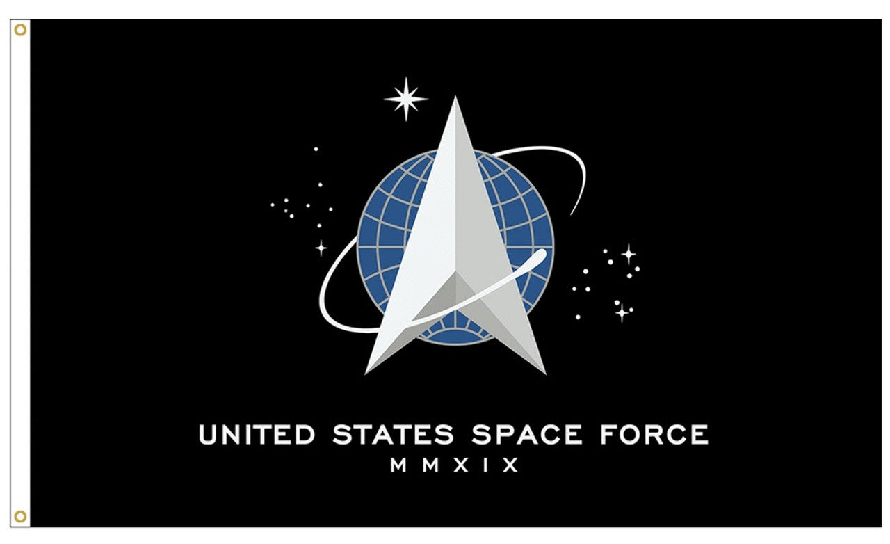 US Space Force Logo Flag Printed on durable nylon, featuring a white triangle with a blue globe, strong canvas header, and brass grommets for easy display.