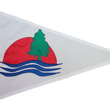 Custom SEWN Personalized Flag featuring a white triangle with a red sun and green tree, showcasing detailed applique stitching and strong canvas header.