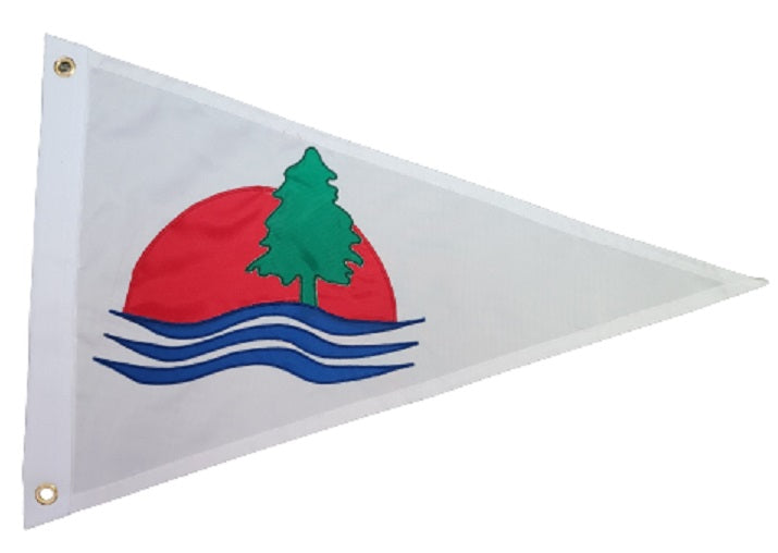 Custom SEWN Personalized Flag featuring a white triangle with a red sun and green tree, showcasing detailed applique stitching and strong canvas header.