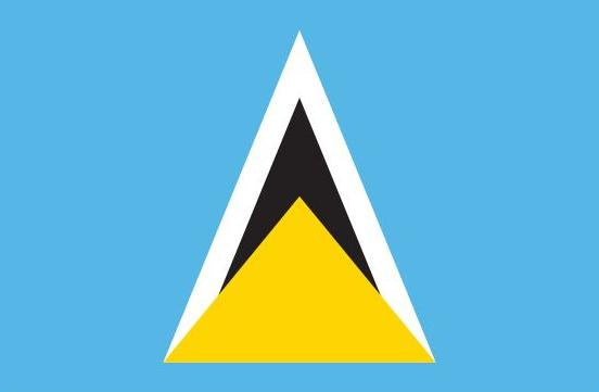 St. Lucia Flag Printed Nylon 3' x 5', featuring black and yellow triangles, designed for outdoor use with strong canvas header and brass grommets.