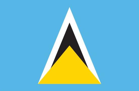 St. Lucia Flag Printed Nylon 3' x 5', featuring black and yellow triangles, designed for outdoor use with strong canvas header and brass grommets.