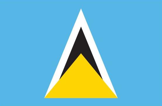 St. Lucia Flag Printed Nylon 3' x 5' with black and yellow triangle design, strong canvas header, and brass grommets for outdoor use.