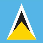 Saint Lucia Courtesy Flag 12 x 18, featuring a yellow triangle with black and white triangles, made of Marine-grade solarmax nylon with canvas header and brass grommets.