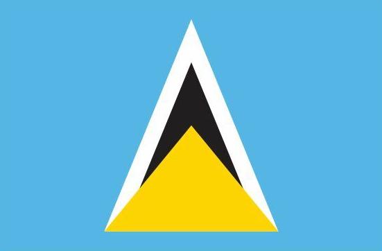 Saint Lucia Courtesy Flag 12 x 18, featuring a yellow triangle with black and white triangles, made of Marine-grade solarmax nylon with canvas header and brass grommets.