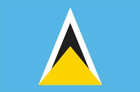 Saint Lucia Courtesy Flag 12 x 18, featuring black and yellow triangles, Marine-grade nylon, canvas header, brass grommets.