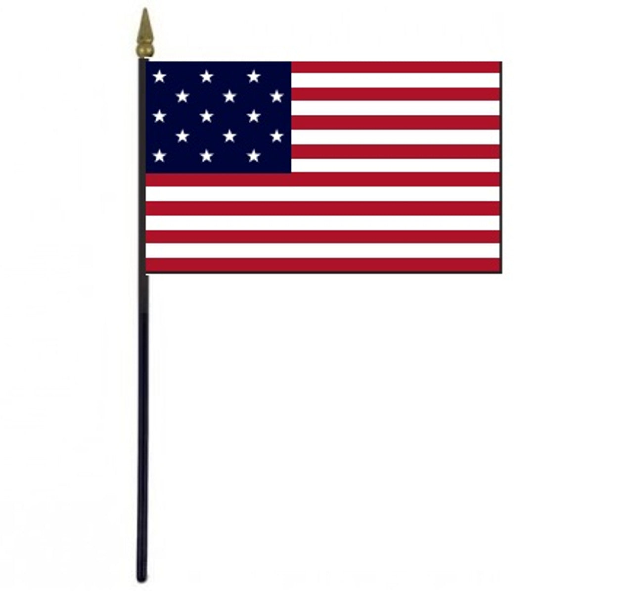 Star Spangle Banner Stick Flag with 15 stars and stripes, mounted on a 10.5 plastic stick with a gold spear finial, suitable for desktops.