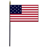 Star Spangle Banner Stick Flag with 15 stars and stripes, mounted on a 10.5 plastic stick with a gold spear finial, suitable for desktops.