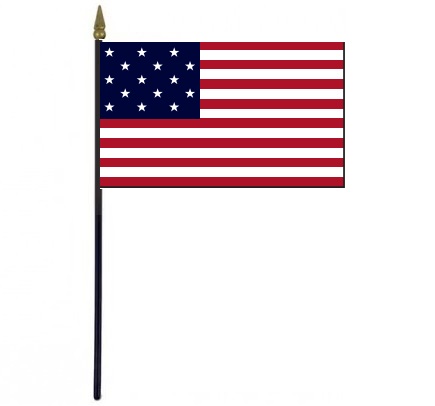 Star Spangle Banner Stick Flag 4 x 6, mounted on a 10.5 plastic stick with a gold spear finial, featuring 15 stars and 15 stripes.