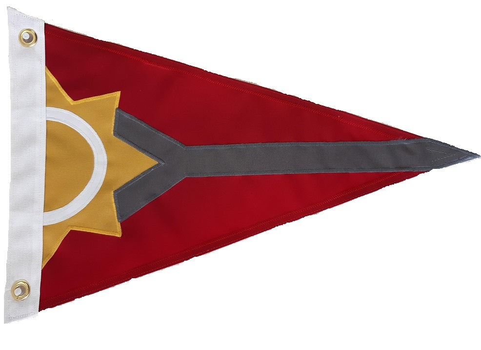 Custom SEWN Applique PENNANT featuring a red triangle with intricate gold and silver designs, showcasing Beaver Flags' high-quality, hand-sewn craftsmanship.