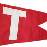 Custom SEWN Applique BURGEE: A red flag with a white letter, featuring double-layered nylon, strong header, and brass grommets for durability.