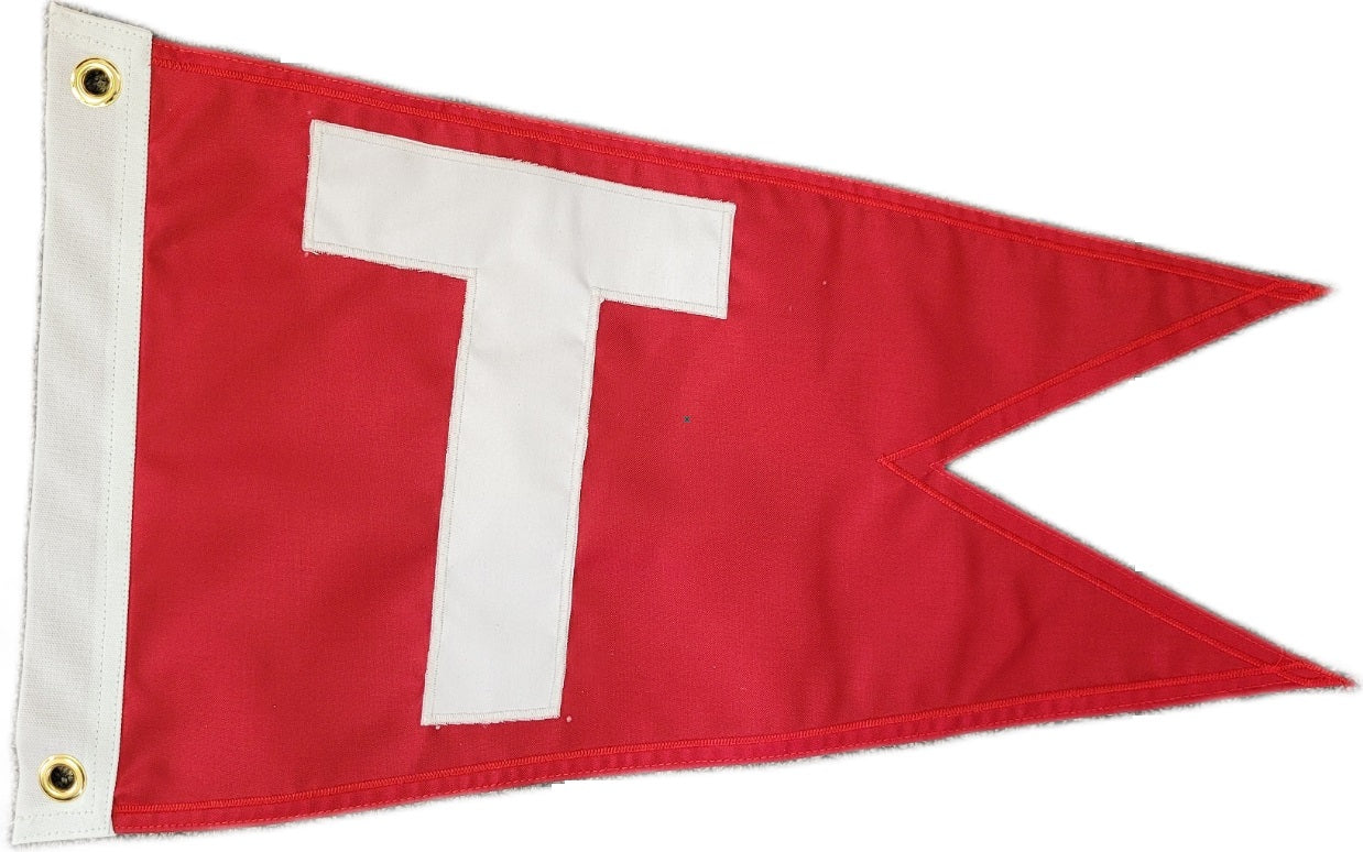 Custom SEWN Applique BURGEE: A red flag with a white letter, featuring double-layered nylon, strong header, and brass grommets for durability.