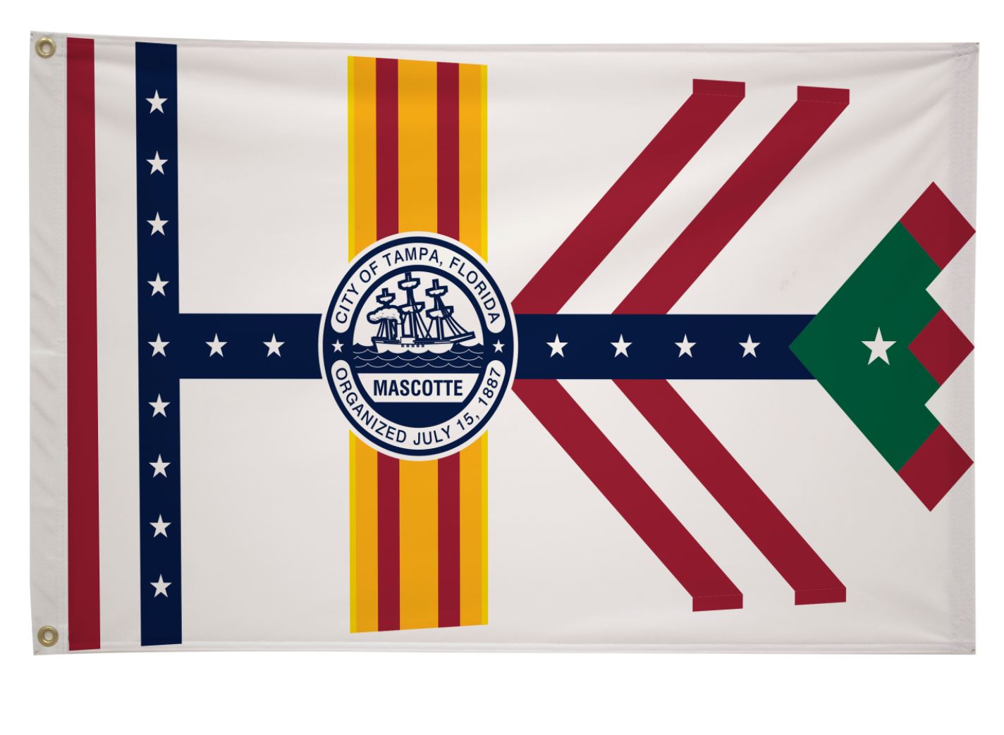 City of Tampa Flag Printed Nylon 3' x 5', featuring a city logo, stars, and stripes, designed for durability with canvas header and brass grommets.