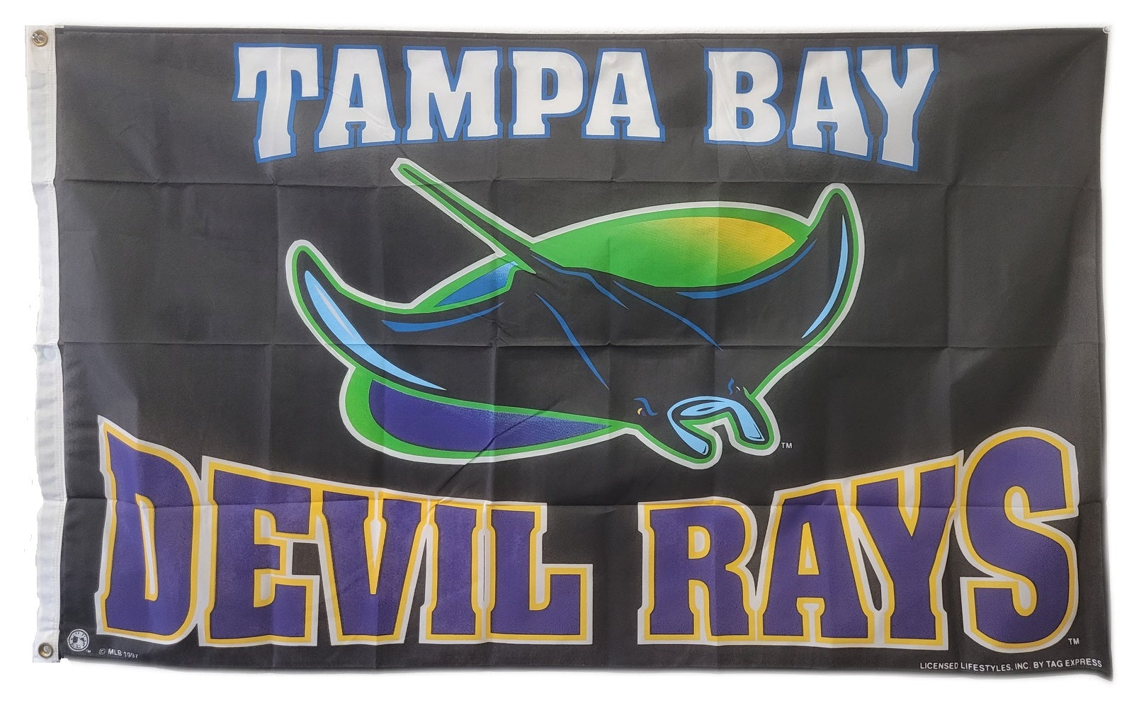 Tampa Bay Devil Rays Vintage 3' x 5' Polyester Flag featuring team logo and fish graphics, includes header and brass grommets, brand new and never flown.