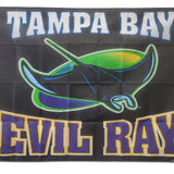 Tampa Bay Devil Rays Vintage 3' x 5' Polyester Flag featuring team logo and fish graphics, includes header and brass grommets, brand new and never flown.